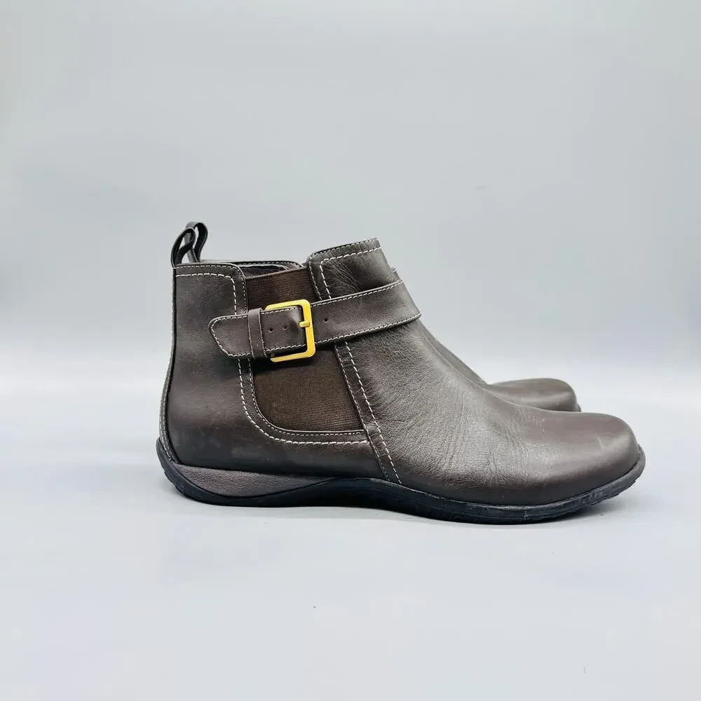 Vionic Boots Womens 10 Brown Leather Adrie Ankle Zip Buckle Flat Booties Shoes